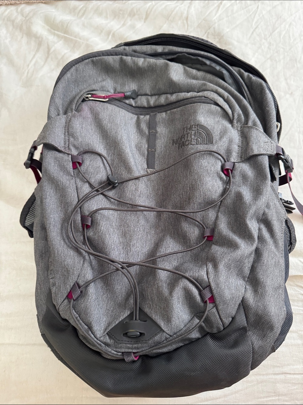 The North Face Gray Backpack with Plum Accents